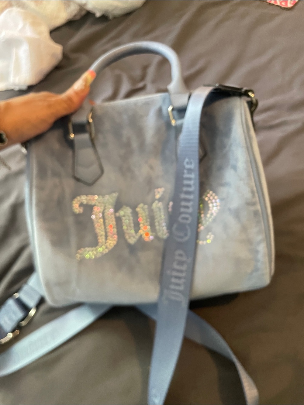 Juicy Couture Light Blue Velvet Crystal Logo Satchel